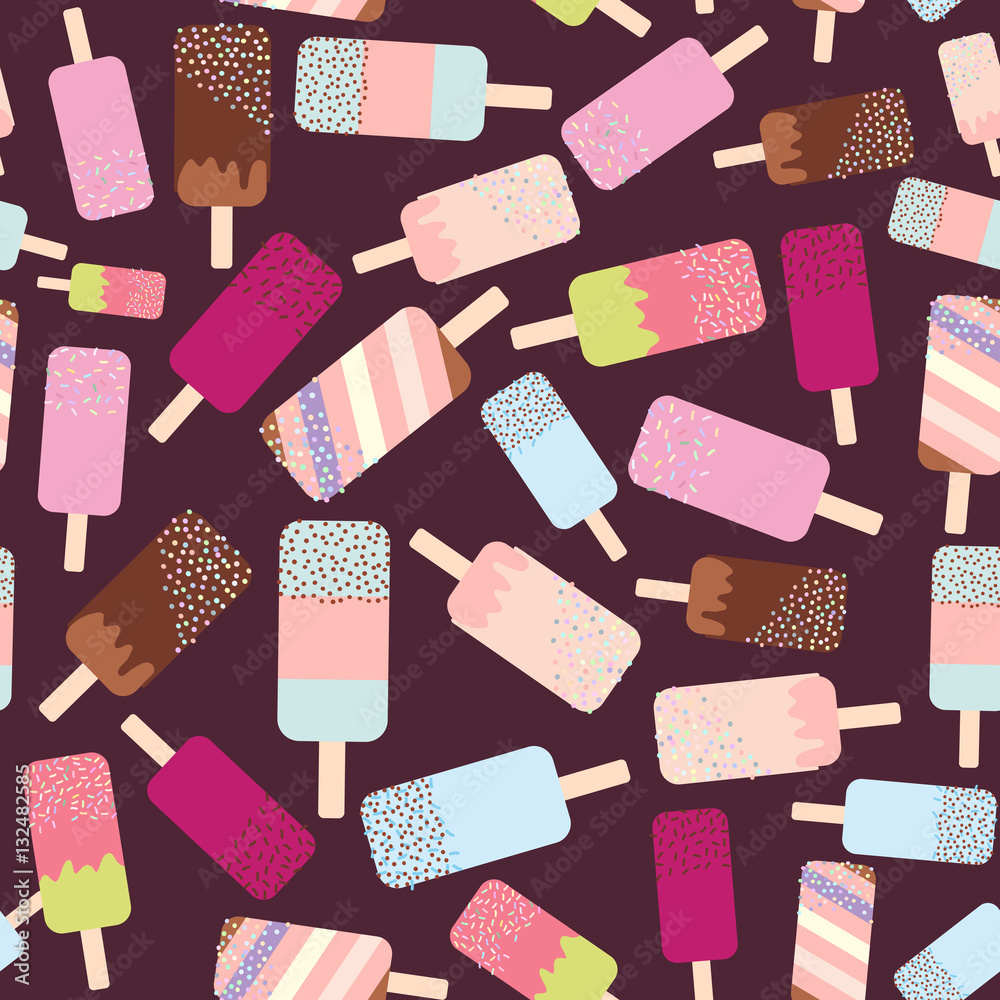seamless pattern ice cream, ice lolly, pastel colors on dark brown background. Vector seamless pattern ice cream, ice lolly, pastel colors on dark brown background. Vector
