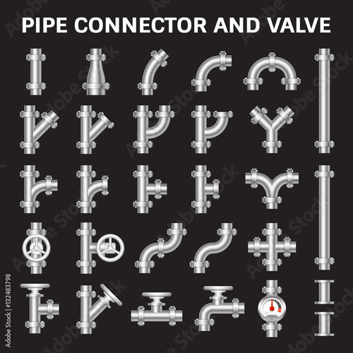 Pipe icon and flange fitting. Include control valve and pressure gauge or manometer. For pipeline construction and transportation liquid or gas i.e. crude, oil, natural gas, sewage, wastewater etc. 