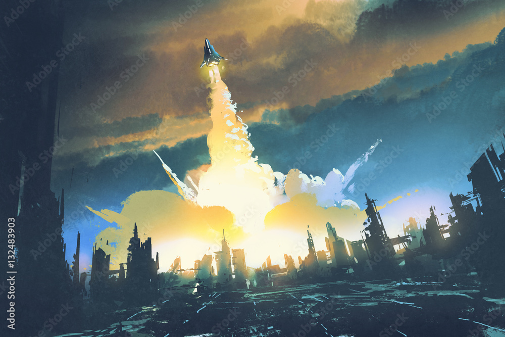 Obraz premium rocket launch take off from an abandoned city,sci-fi concept,illustration painting