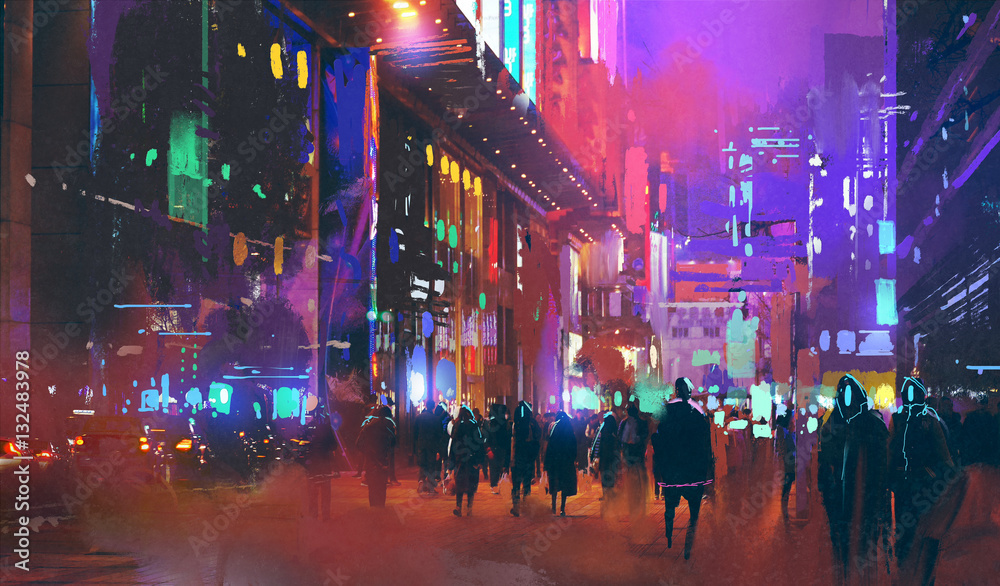 Plakat ludzie chodzą w sci-fi miasto nocą z kolorowe światło, malarstwo ilustracja
