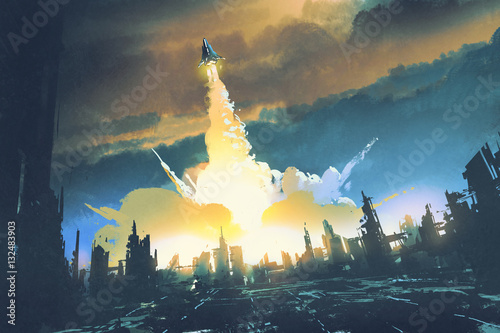 Obraz start rakiety z opuszczonego miasta, koncepcja science fiction, malarstwo ilustracyjne