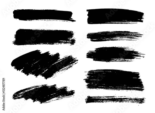 Set of black paint, ink brush strokes, brushes, lines. Dirty artistic design elements, boxes, frames, backgrounds.