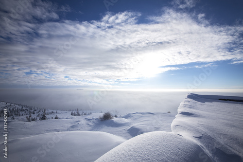 Fog over the snowy city