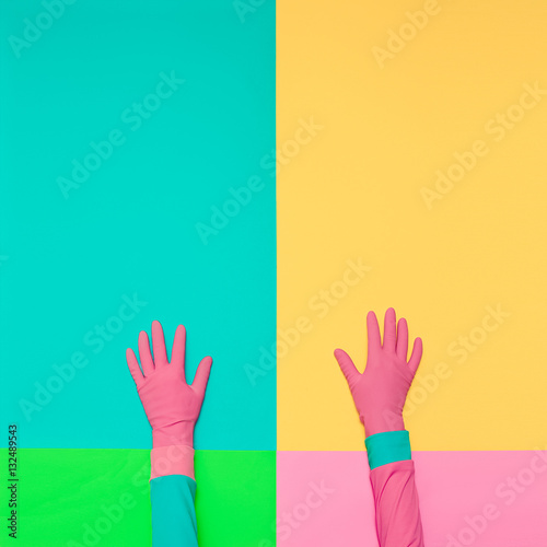 Hands in fashionable pink gloves Vanilla summer style Minimal cr