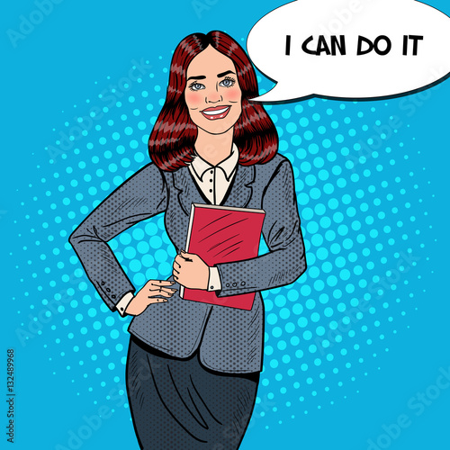 Pop Art Successful Smiling Business Woman Holding Folder. Vector illustration