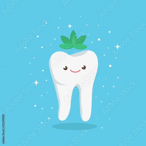 Tooth with mint. Clean and shiny tooth. Dental vector illustration. Happy tooth illustration for stomatology clinic and advertisement.