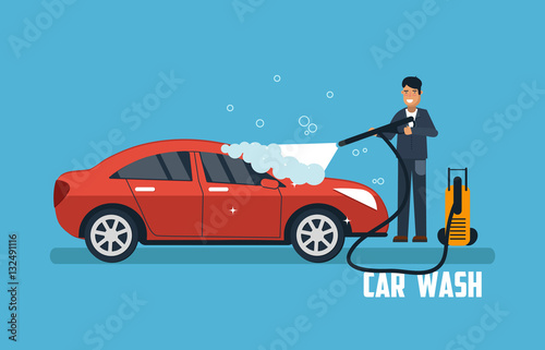 Car wash banner. Man washing car vector illustration. Car wash concept with sport red car.