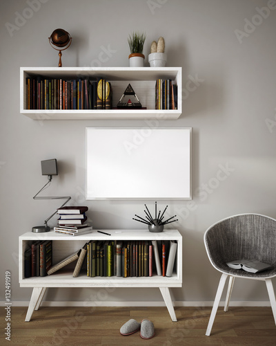 Interior design with wooden floor, 3d illustration