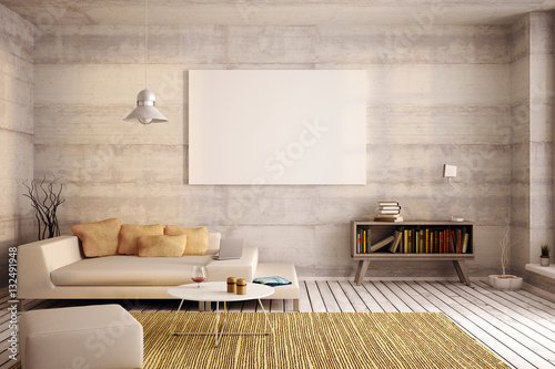 Interior design with wooden floor, 3d illustration