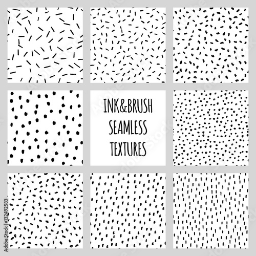 Set of eight seamless black and white vector free hand doodle textures, dry brush ink art.