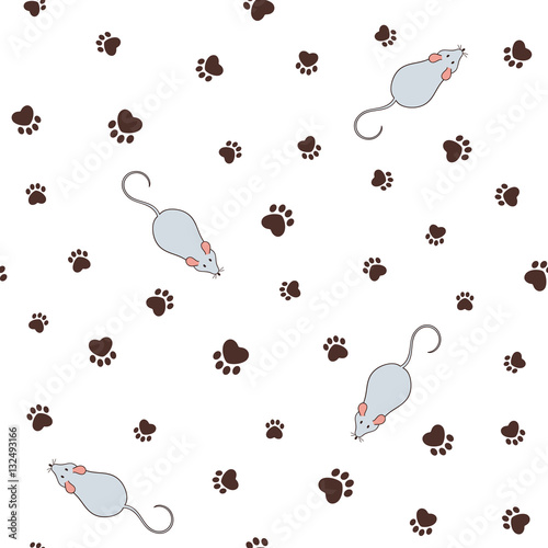 Cat theme seamless pattern with heart shaped animal paw footprints and mouse