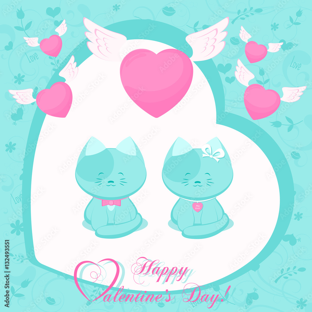 Banner Valentines Day with symbols hearts, cute cat and lettering for concept design poster, greeting card or invitation. Cartoon style. Vector illustration.