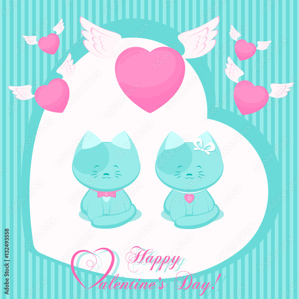 Banner Valentines Day with symbols hearts, cute cat and lettering for concept design poster, greeting card or invitation. Cartoon style. Vector illustration.