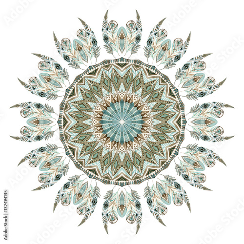 Watercolor ethnic feathers abstract mandala.