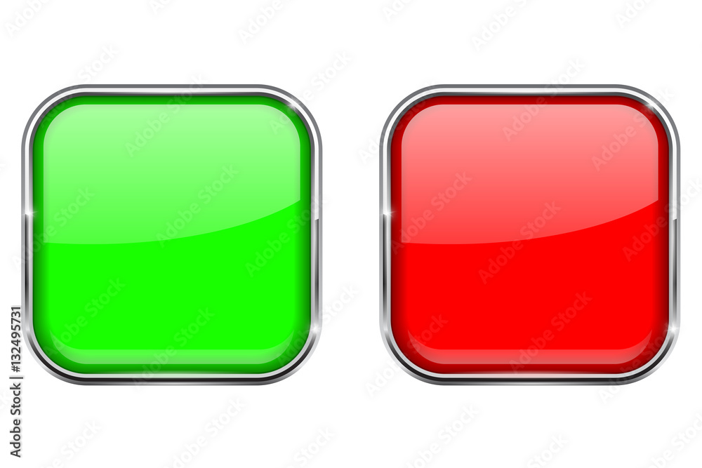 Square buttons with metal frame, red and green