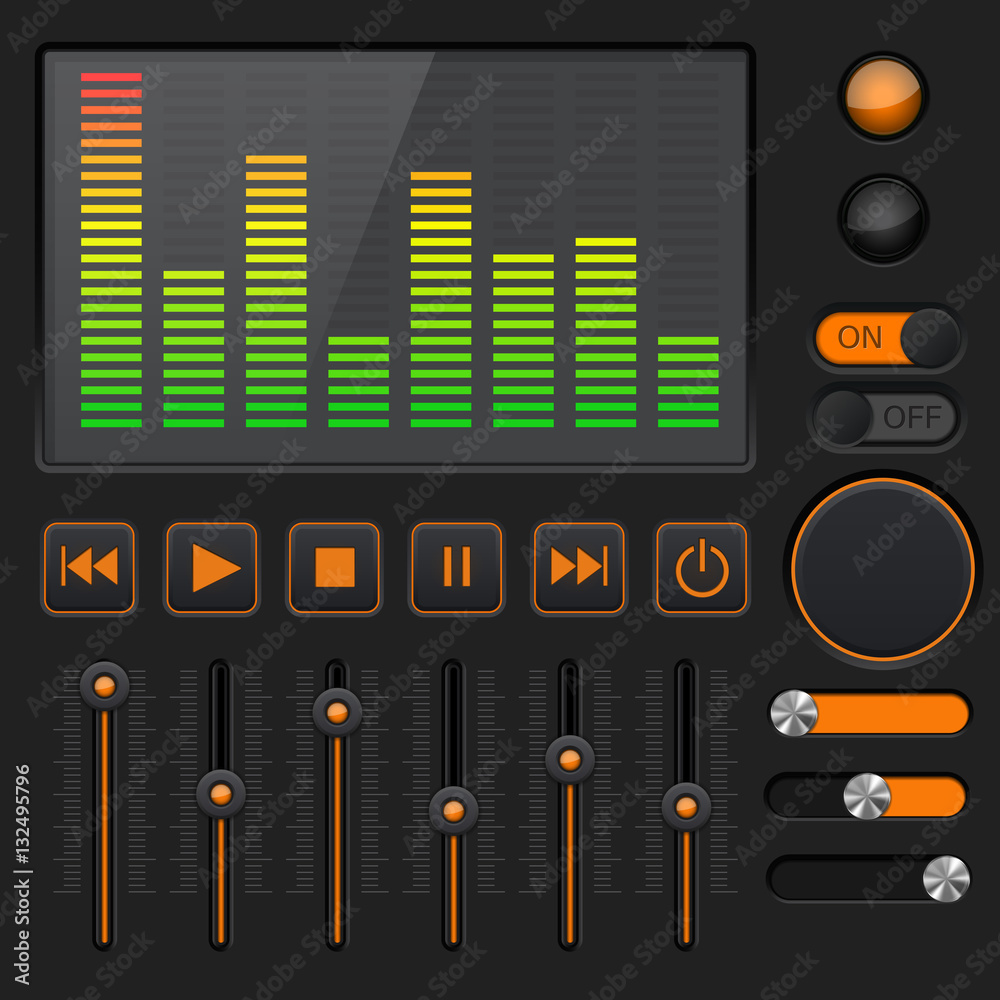 Sound equalizer with slider and media player buttons. Black and orange collection