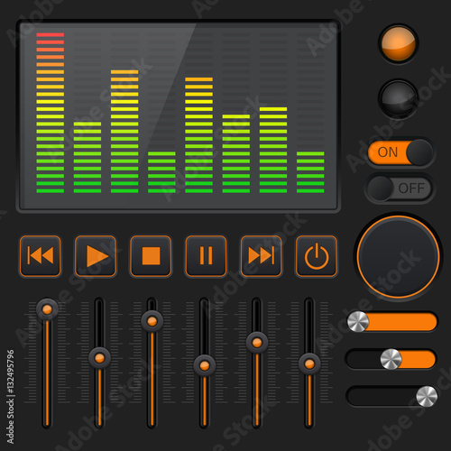 Sound equalizer with slider and media player buttons. Black and orange collection