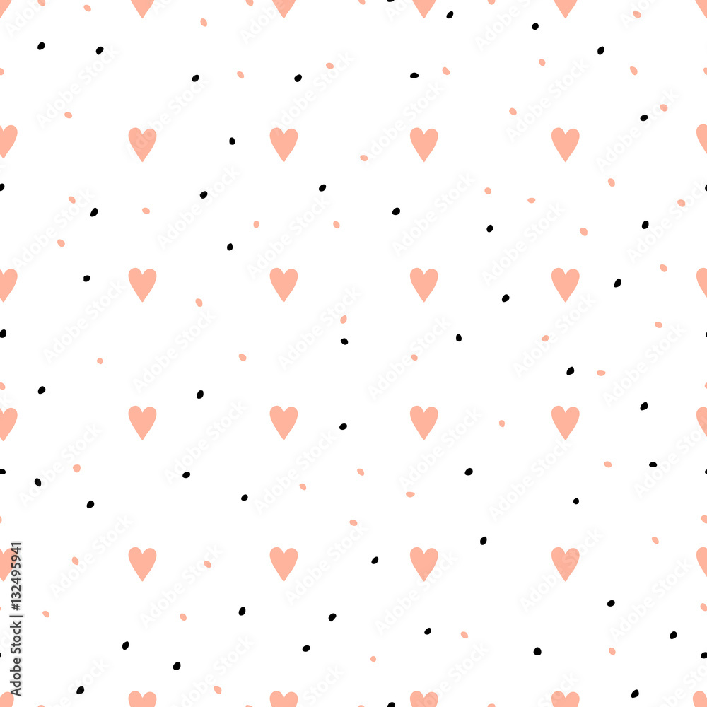 Hand-drawn hearts and dots seamless pattern. Pink hearts and rambling black dots. Nice and cute St Valentine's wrapping