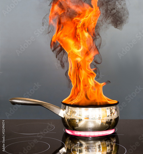 Saucepan on fire with flames