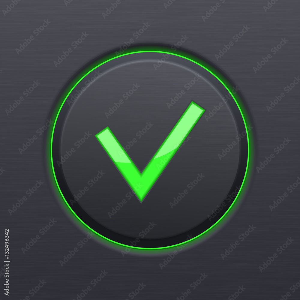 Submit button. Green check icon on black plastic background Submit button. Green check icon on black plastic background