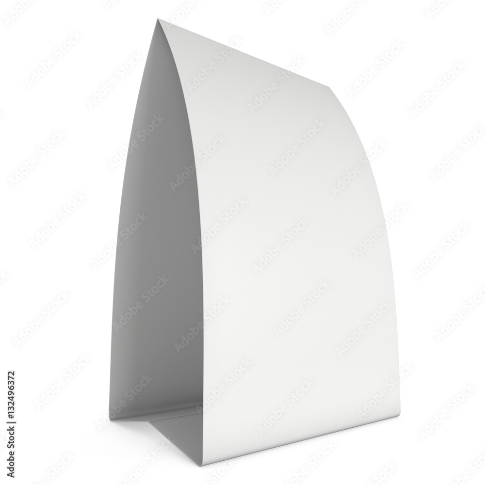 Blank paper tent card. 3d render illustration isolated. Table card mock up on white background.