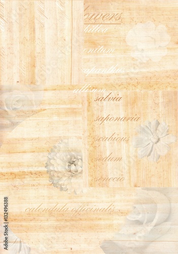 faded flowers and script on papyrus background