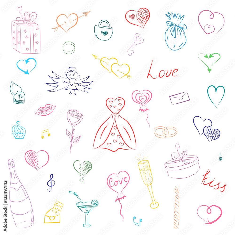 Hand Drawn Colorful Set of Valentine's Day Symbols. Children's Funny Doodle Drawings of Hearts, Gifts, Rings, Balloons. Sketch Style. Vector Illustration.