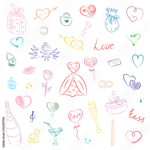 Hand Drawn Colorful Set of Valentine's Day Symbols. Children's Funny Doodle Drawings of Hearts, Gifts, Rings, Balloons. Sketch Style. Vector Illustration. © nofretka