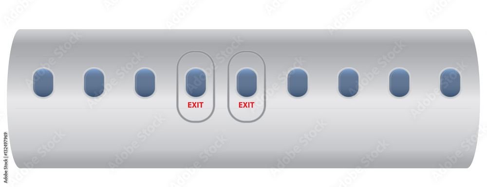 Windows of airplane with emergency exit door Windows of airplane with emergency exit door