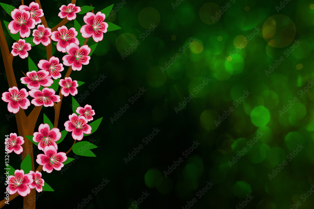 Branches of apple-tree with flowers and leaves on the abstract green background