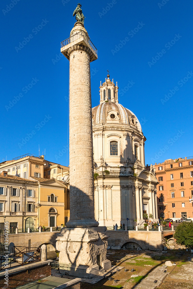 Rome, Italy. Ruins of the Trajan's Forum: Column of Trajan (113) and the Church of the Holy Name of Mary (1736 - 1738)