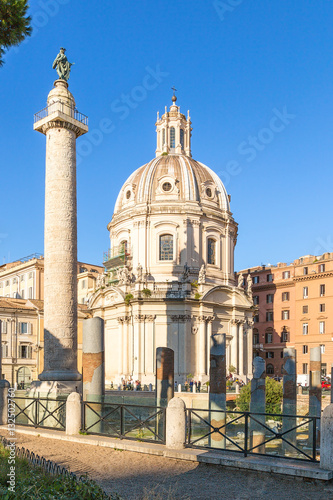 Rome, Italy. Column of Trajan (113) and the Church of the Holy Name of Mary (1738)