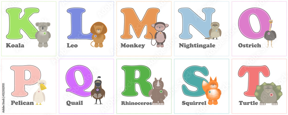 Alphabet Zoo, funny plush animals. English alphabet letters with K on T. Vector cartoon