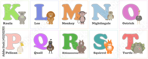 Alphabet Zoo, funny plush animals. English alphabet letters with K on T. Vector cartoon
