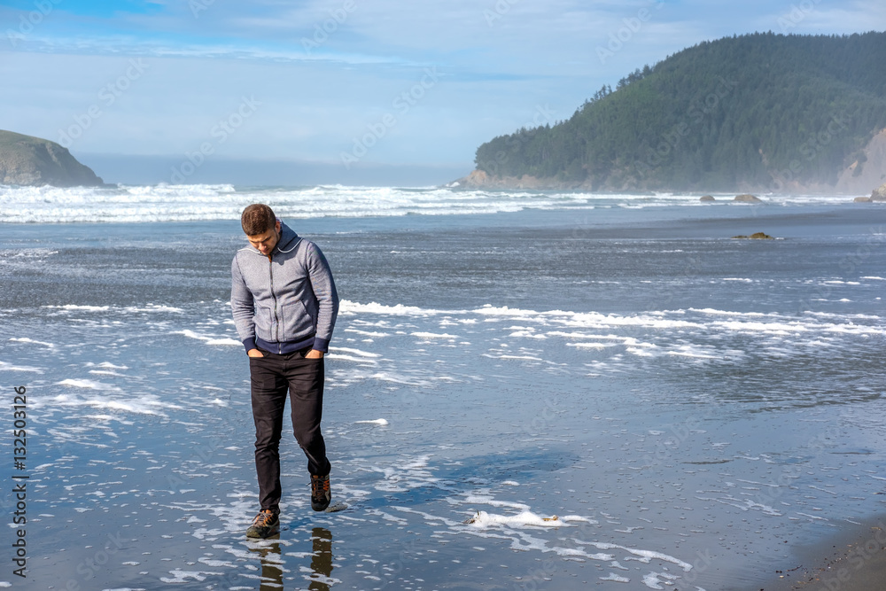 Lone man at USA Pacific coast beach