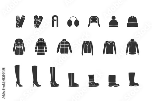 Winter clothes, shoes black icons set. Vector