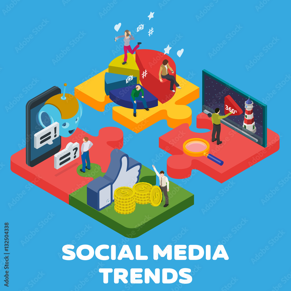 Trends in social media 2017. Flat 3d isometric banner. Chatbot, video 360 degrees, SMM promotion, online analytics. People in different poses at work. 3d puzzle pieces. Vector illustration