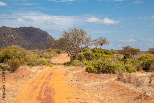 Road in Kenya, savannah with mountains and blue sky and some clouds