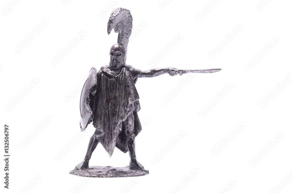 Fototapeta premium tin soldier Spartan warrior with sword and shield isolated on wh