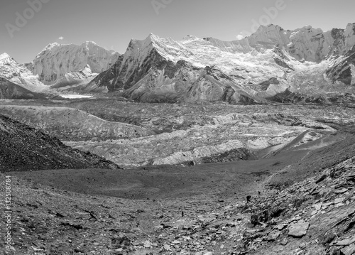 High resolution view from the Chhukhung Ri on the Amphulapche peak and Imja Tsho - Everest region, Nepal, Himalayas (black and white) photo