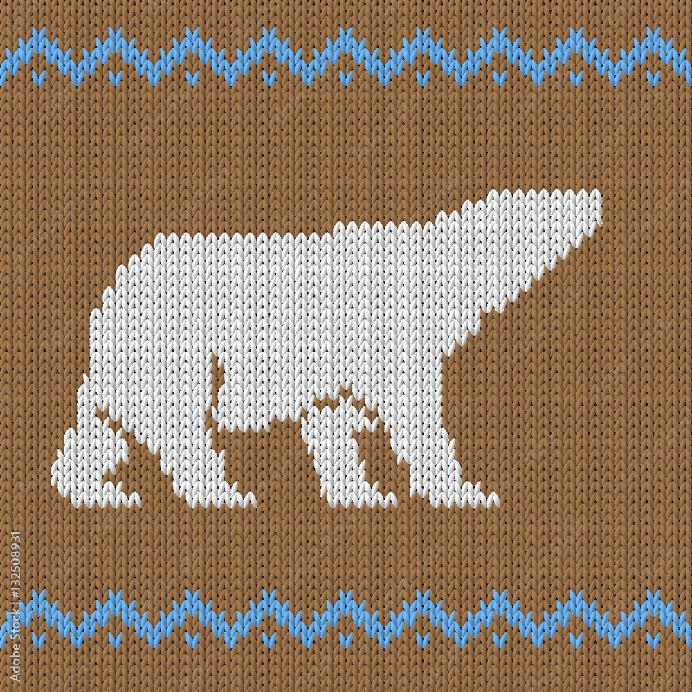 Fototapeta premium Knitted brown seamless pattern with polar bear with snow