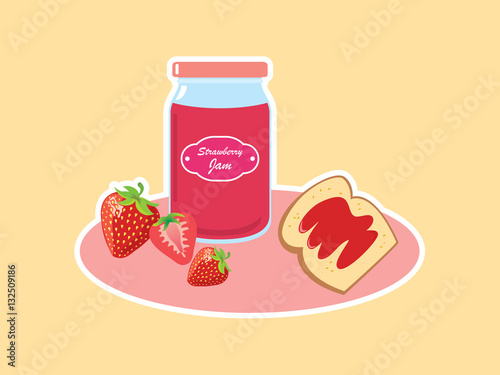 Strawberry jam vector illustration. Breakfast still life with strawberry jam