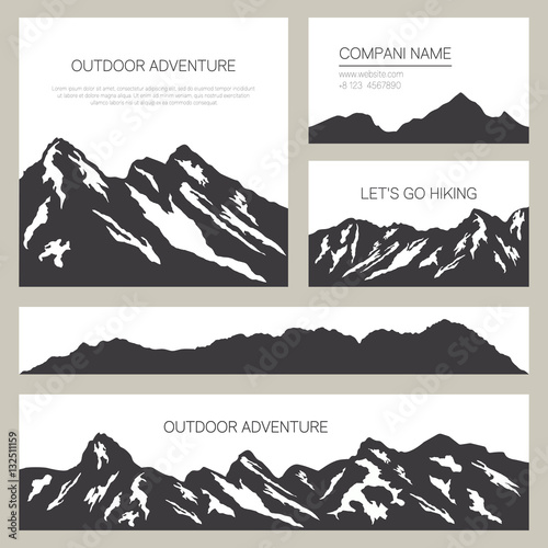 Mountains silhouettes on white background. Outdoor cards design. Set of stylish business card templates. Nature vector illustration.