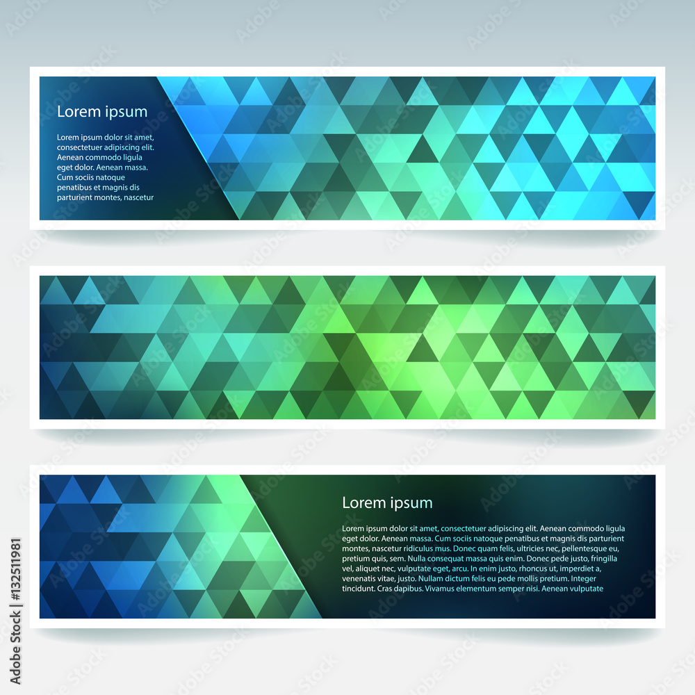 Horizontal banners set with green, blue polygonal triangles. Polygon background, vector illustration Horizontal banners set with green, blue polygonal triangles. Polygon background, vector illustration