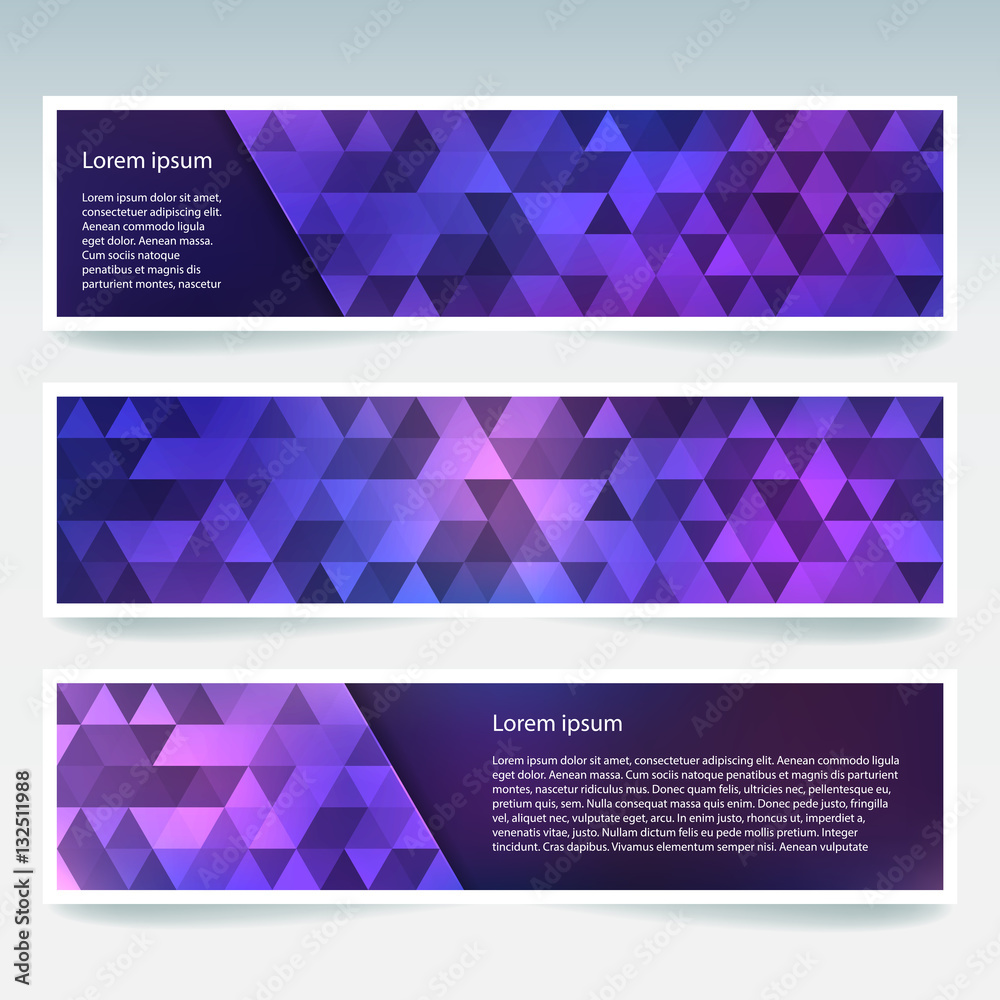 Abstract banner with business design templates. Set of Banners with polygonal mosaic backgrounds. Geometric triangular vector illustration. Pink, blue, purple, violet colors. Abstract banner with business design templates. Set of Banners with polygonal mosaic backgrounds. Geometric triangular vector illustration. Pink, blue, purple, violet colors.