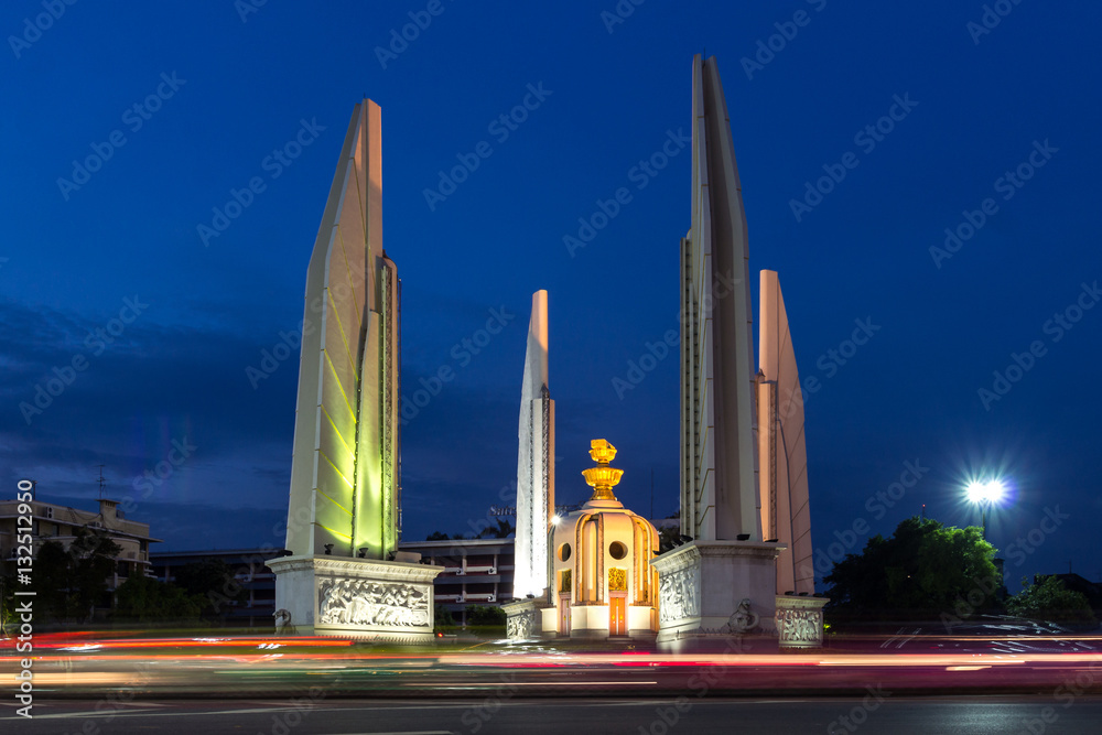 Night photo of Democracy Monument in Bangkok, Thailand