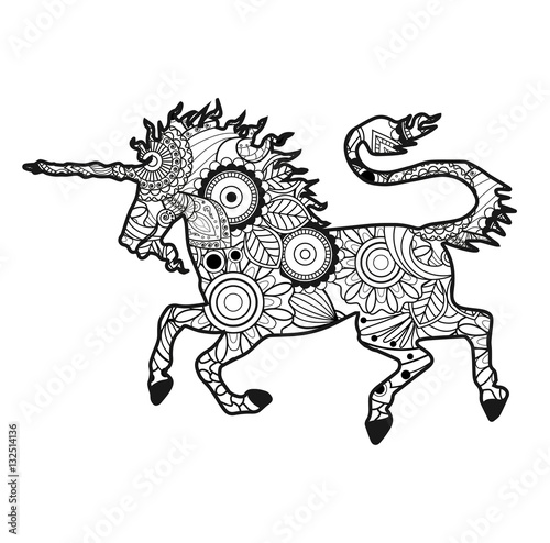 Vector illustration of an unicorn mandala for coloring book, unicorno mandala vettorale da colorare photo