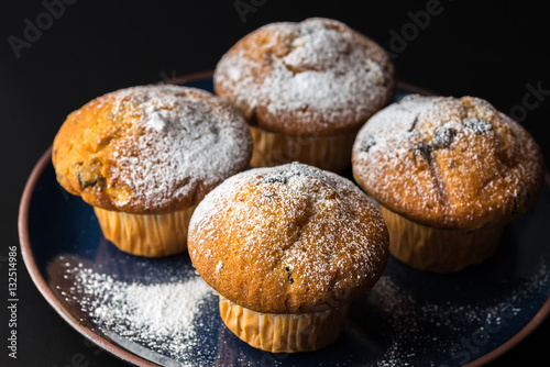 Chocolate muffins with powdered sugar on dark blue plate.