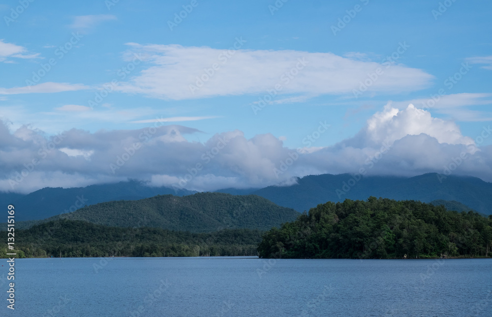 summer mountains green grass and blue sky landscape on river