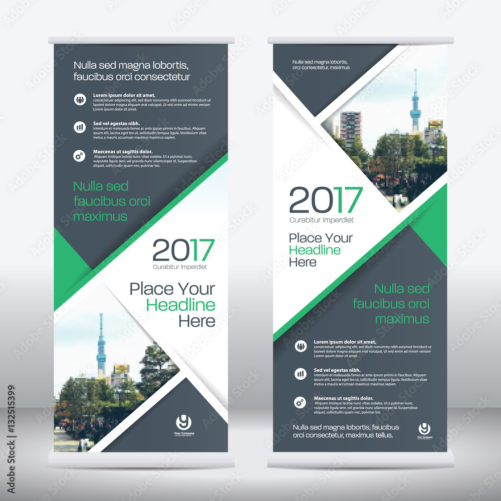 Fototapeta premium Green Color Scheme with City Background Business Roll Up Design Template.Flag Banner Design. Can be adapt to Brochure, Annual Report, Magazine,Poster, Corporate Presentation, Portfolio, Flyer, Website